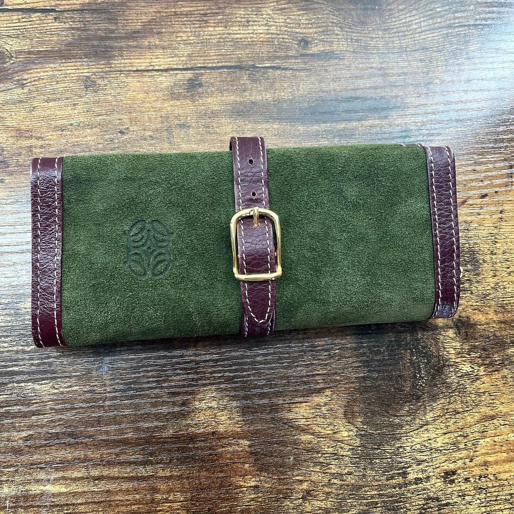 Vintage Green Suede‎ Brown Leather Travel Jewelry Roll Case Old Money Timeless